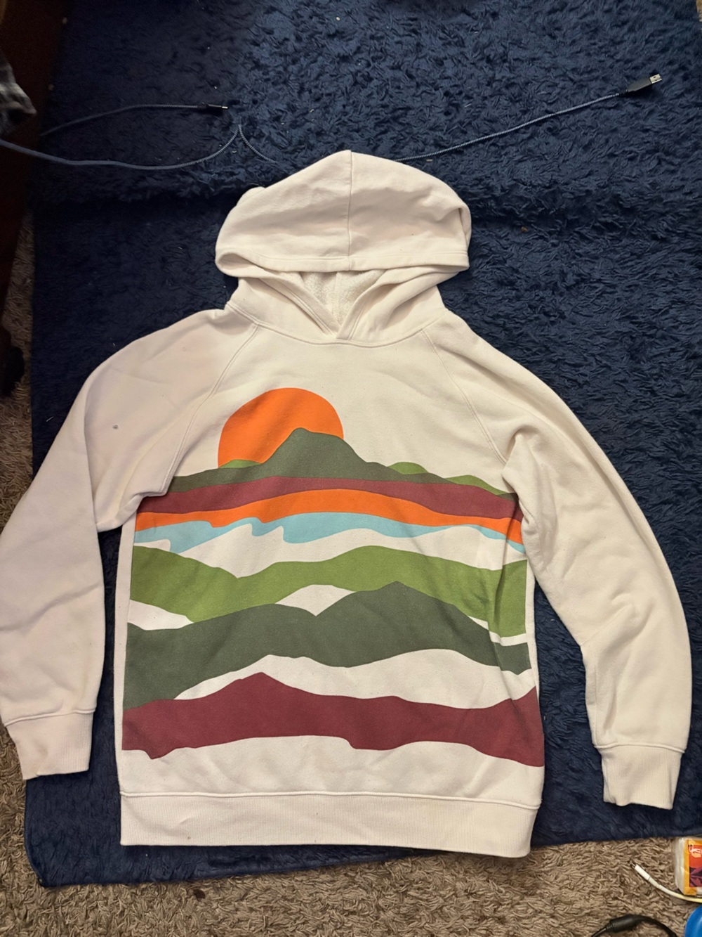 Cream Hooded Pullover with Multicolor Wave Landscape Print